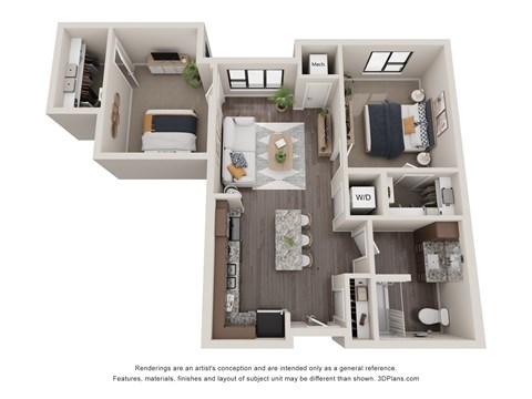 A 3D floor plan of a small apartment with two bedrooms, a living room, and a kitchen.